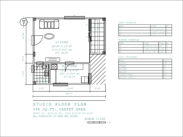 STUDIO floor plan, 398 sq ft carpet area, structure layer