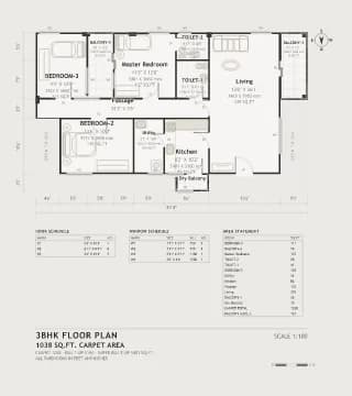 3BHK floor plan, 1039 sq ft carpet area
