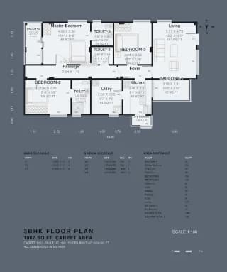 3BHK floor plan, 1008 sq ft carpet area
