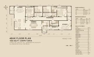 4BHK floor plan, 1649 sq ft carpet area