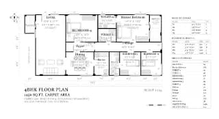 4BHK floor plan, 1457 sq ft carpet area