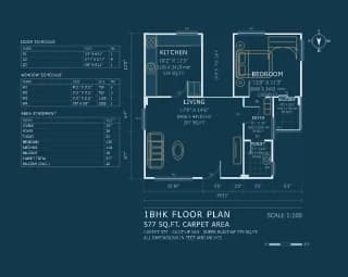 1BHK floor plan, 577 sq ft carpet area