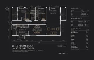 2BHK floor plan, 1090 sq ft carpet area