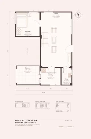 1BHK floor plan, 547 sq ft carpet area