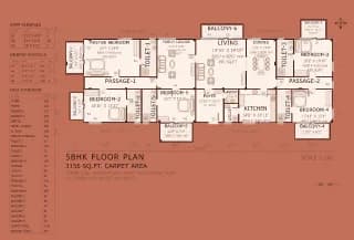 5BHK floor plan, 3156 sq ft carpet area