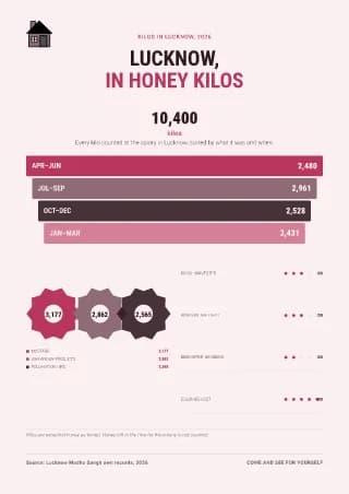 Infographic page: Every kilo counted at the apiary in Lucknow, sorted by what it was and when.